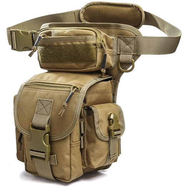 Made of water resistant 1050 Nylon for extra strength, this bag has 3 main compartments, 2 side pouches and 4 inside pockets. The waist strap is adjustable and can be used to cross-body carry and the leg strap is removable. The MOLLE webbing allows attachment of other bags and accessories making it very expandable.