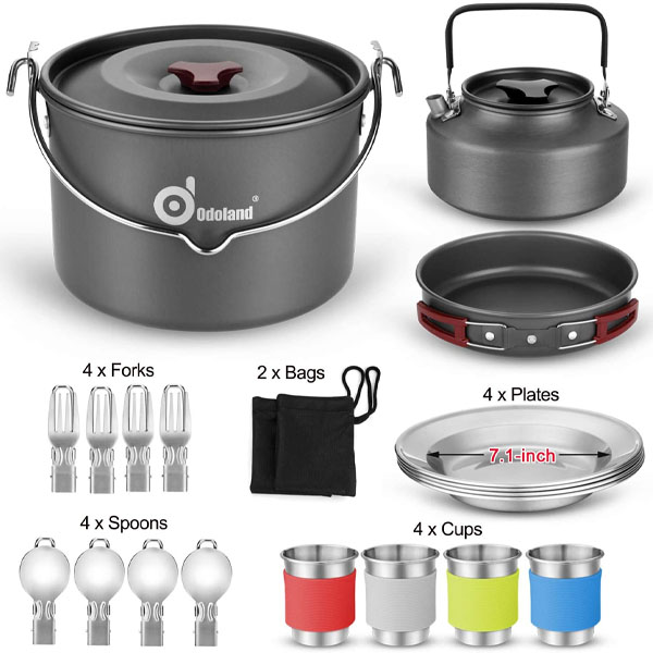 This 22-piece mess kit is perfect for 4 people. It includes 1 large size aluminum hanging pot, 1 aluminum non-stick pan, 1 kettle, 4 stainless steel dishes, 4 stainless steel cups (9.6 oz) with colored silicone sleeves, 4 spoons, 4 forks, 2 small size bags for the silverware and 1 large size carrying bag. And all of it nests together for one neat kit at a great price.