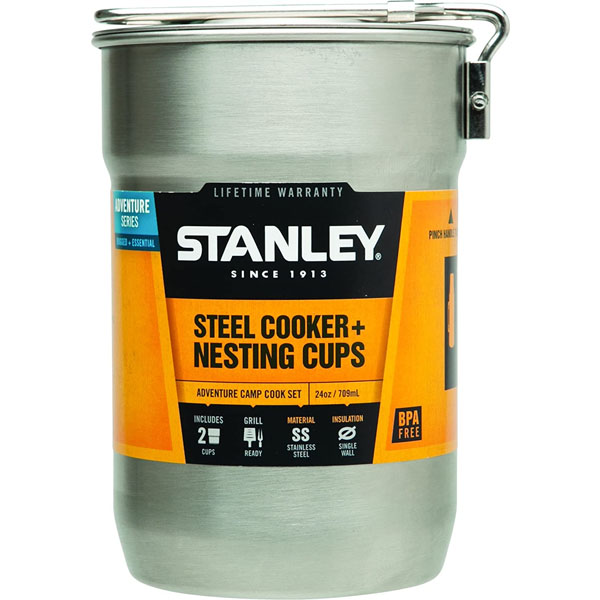 This solid built 18/8 stainless steel cook pot is awesome. It features a fold out handle and graduated marks going up to 20oz. There are two insulated 10oz cups nested inside. Most 40oz bottles can nest in this pot and it can nest in a standard 20oz GSI mug. I've tried a lot of cook kits but this is hands-down my favorite solo kit available.