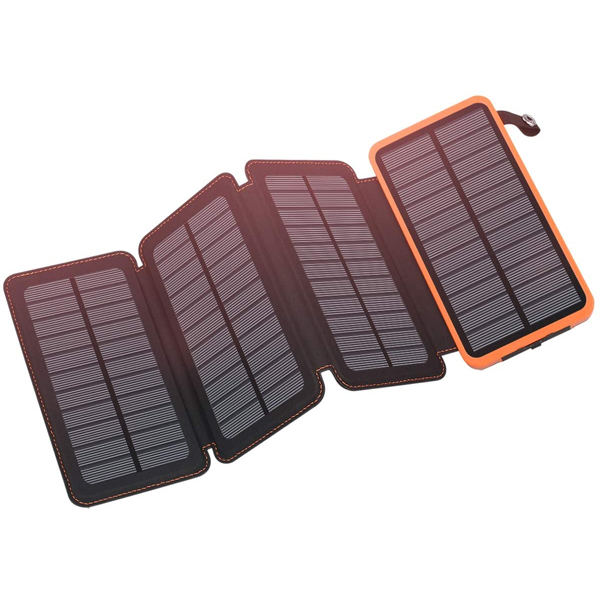This 25000mAh High-capacity lithium polymer battery can charge my iPhone 11 eight times when it is fully charged. The 4 solar panels, when unfolded, can deliver almost 5W of power. There are two USB 2.1A ports, so it can charge two devices simultaneously. A typical 2,000mAh phone can be fully charged about 1 hour and an average 8,000mAh tablet in about 3-4 hours. And don’t worry about the rain, this solar panel charger has a waterproof silicone cover to protect the USB ports. And the built-in bright LED light has 3 modes (Steady, SOS and Strobe). It’s designed with multiple protective circuits to protect itself and your devices against over-charging, over-voltage, over-current and short circuits.