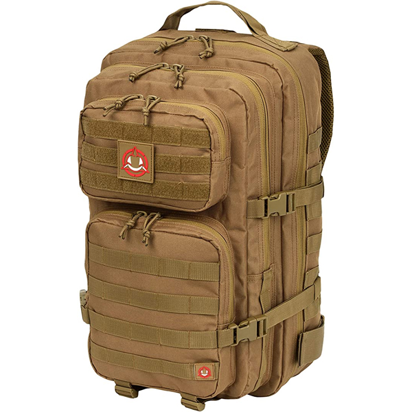 With its 40L capacity, this pack has room for all of your essential gear and is ideal for a 3-day survival bag. It’s made of 600D polyester and double stitched at all the stress points. The zippers seem to be high quality and the pack is water resistant and scratch proof. There’s MOLLE webbing on the front, sides and bottom allowing you to attach other pouches and gear. There’s room for a 1.5L hydration bladder with pass-through for the hose and the shoulder straps and back are mesh padded for comfort and ventilation.