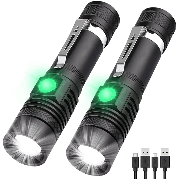 This two-pack of 4.9inch long, 1200 lumen (more like 800) T6 LED flashlights can throw light up to 660 feet. The beam is zoomable from wide to narrow and features 4 modes (high / low / strobe / SOS). I’ve tested the USB rechargeable 18650 (3.7V) battery on a full charge and it lasted 5 hours on high power. This is a great value for the price.