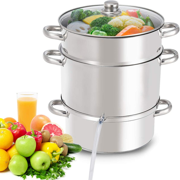 This fruit and vegetable steamer can be used to make broths and juices. The juice can then be used to make jellies, syrups, nectar, or stored as a concentrate. The hose with flow-control clamp has a stainless-steel tip. The bottom pot can be used on its own to cook soups & stews and the top portion can be used as a strainer. As a bonus, the glass lid fits all three sections.