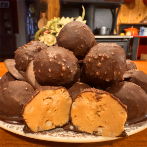 chocolate covered, peanut butter balls, rice Krispies, puffed rice